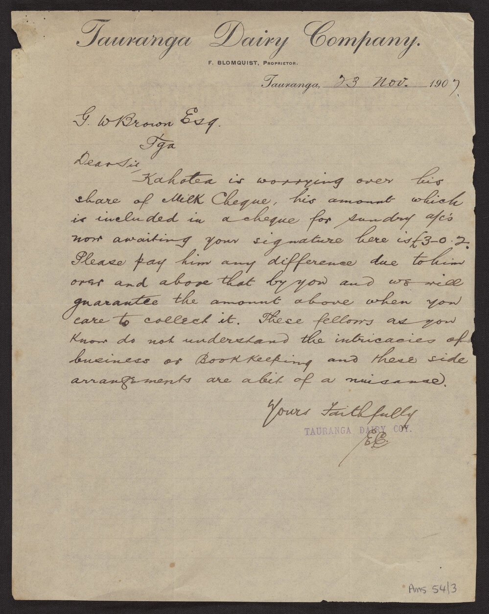 Handwritten letter on Tauranga Dairy Company letterhead, signed F. Blomquist Proprietor, dated 23 November 1907, discussing a milk cheque payment to a local supplier.