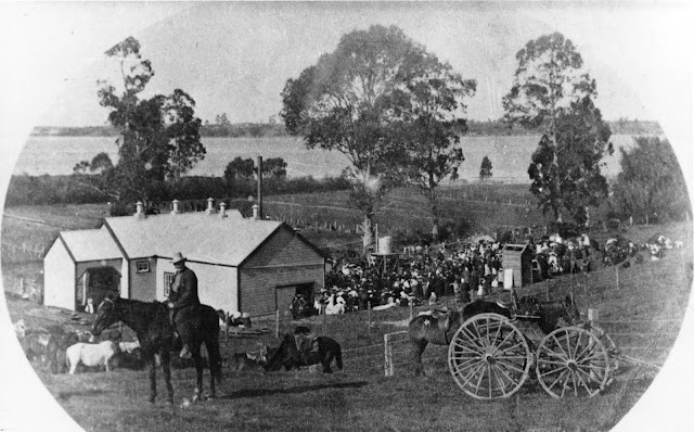 The opening of the Tauranga Dairy Factory on the corner of Eleventh Avenue and Devonport Road, Tauranga. A large crowd gathers for the occasion, the factory buildings visible behind.