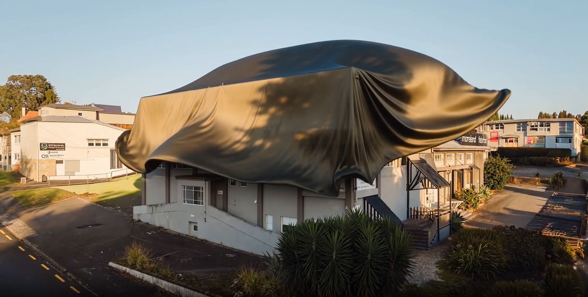Ground-level view of the building at 353 Devonport Road, Tauranga, completely draped in dark fabric before PARKSIDE on Devonport was revealed to the city.